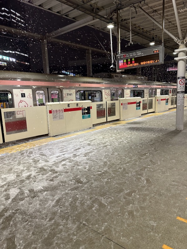 東急武蔵小杉駅ホームの積雪
